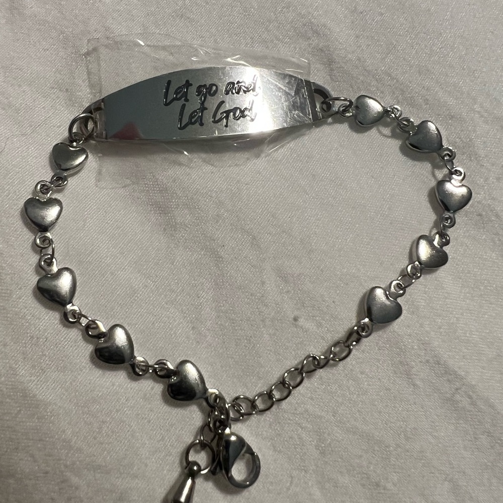 Let go & let God 7” Silver Heart Bracelet with Engraved Plate
